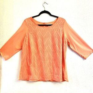 Coldwater Creek Coral Orange Eyelet Button Back Top Size XL 3/4 Length Sleeve
